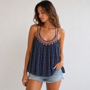 ILLA ILLA Embroidered Tank Top Women's M Blue Cami Boho Festival Summer